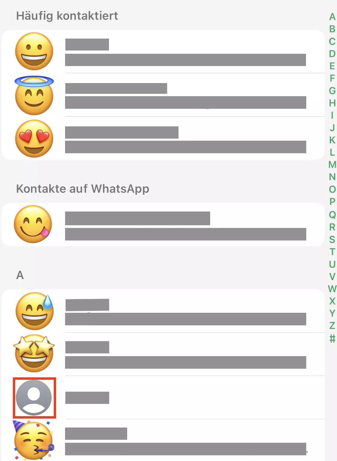 Screenshot der Kontaktliste bei WhatsApp