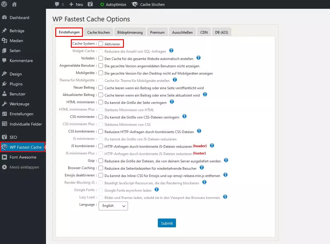 WP Fastest Cache Options: Option, das Cache-System zu deaktivieren