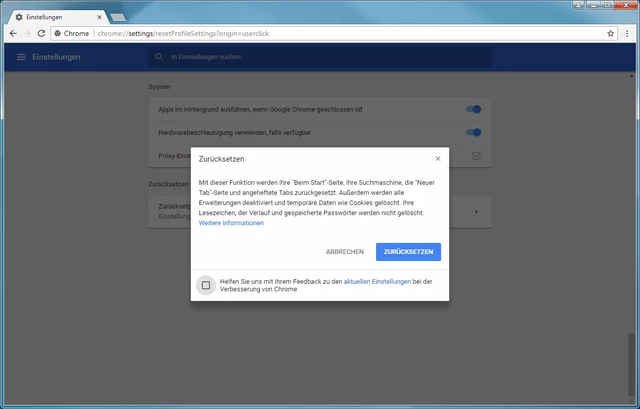 Fenster beim Zurücksetzen des Chrome-Browsers