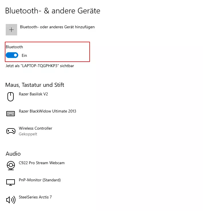 Screenshot der Bluetooth-Einstellungen eines PCs