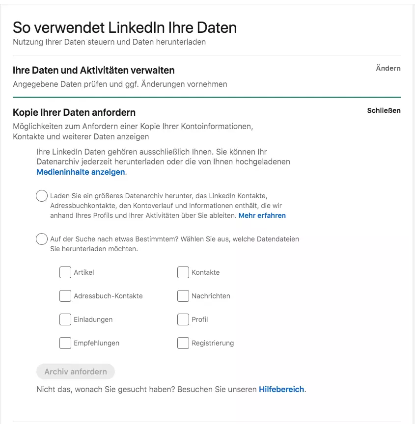 Screenshot der Einstellungen bei LinkedIn