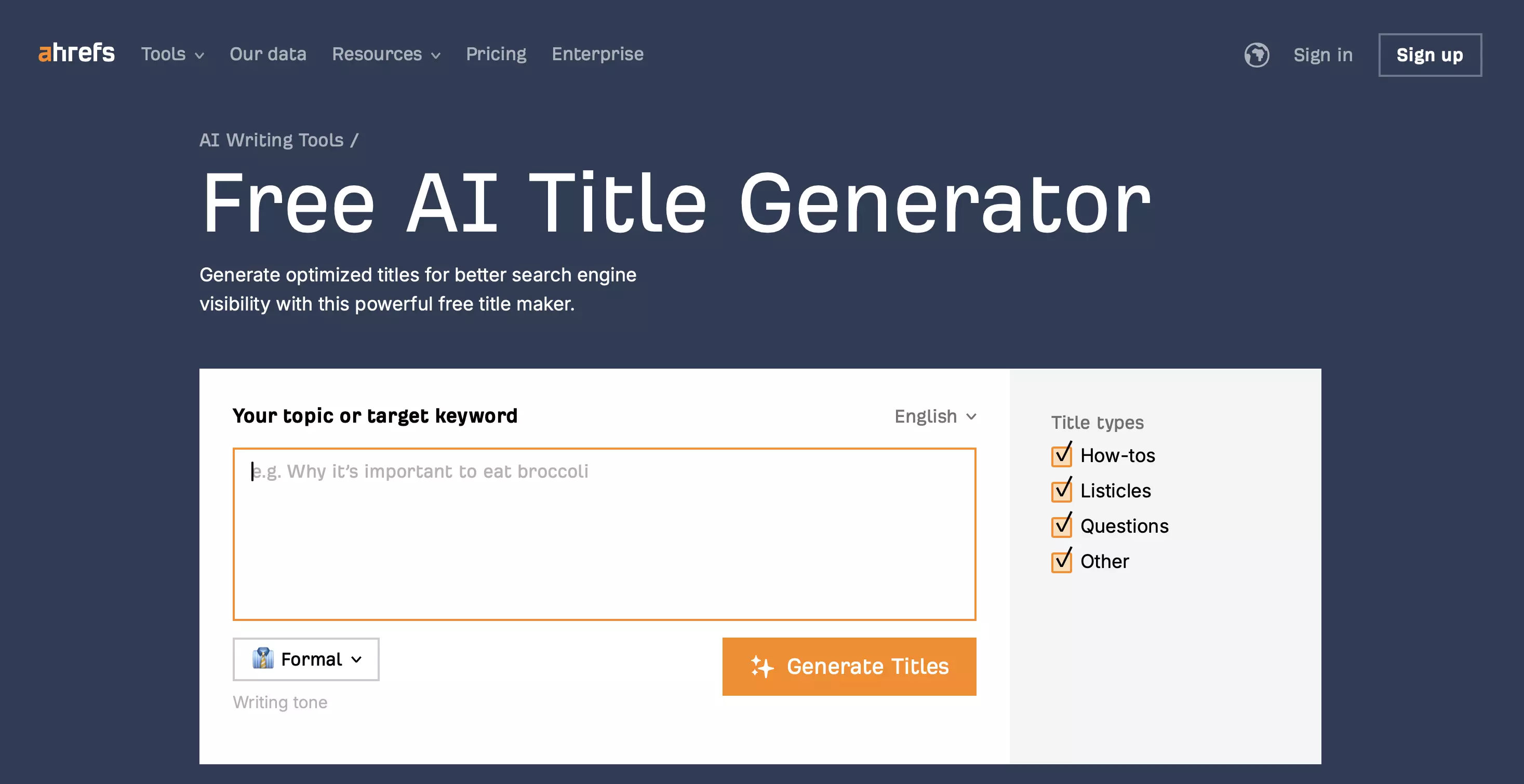 Free AI Title Generator von Ahrefs