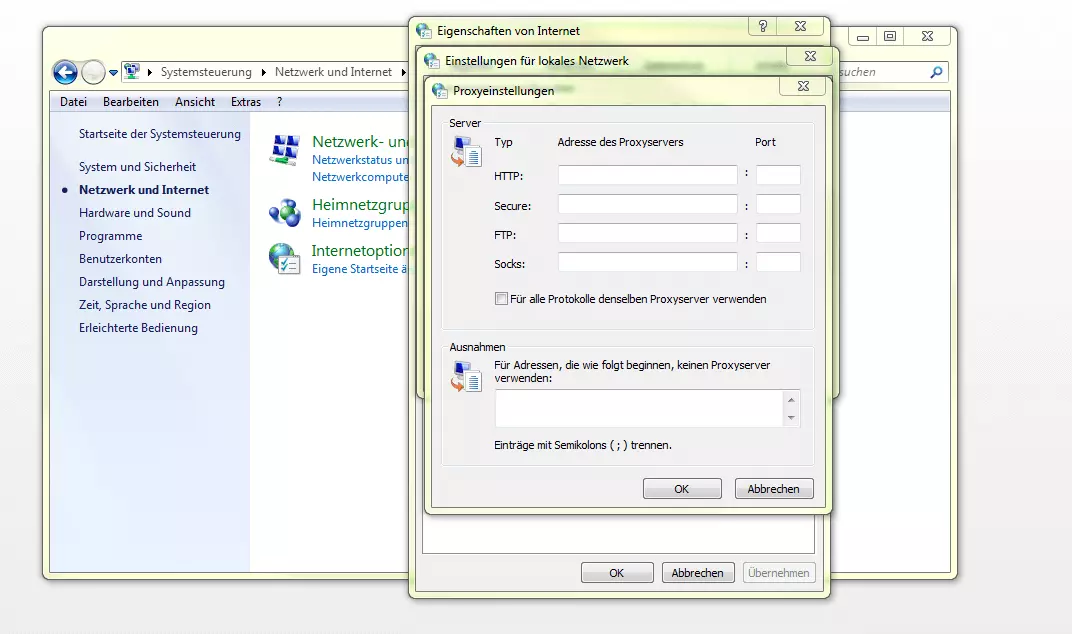 Erweiterte Proxy-Einstellungen unter Windows 7