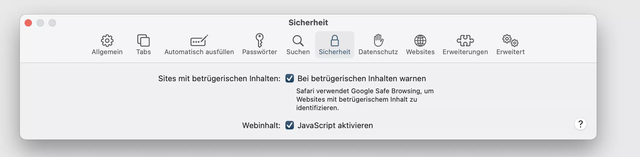 Screenshot der Sicherheitseinstellungen von Safari