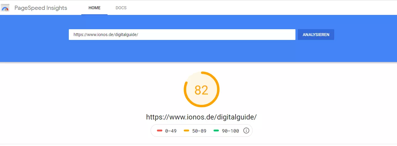 PageSpeed Insights: Beispiel für den Performance-Wert