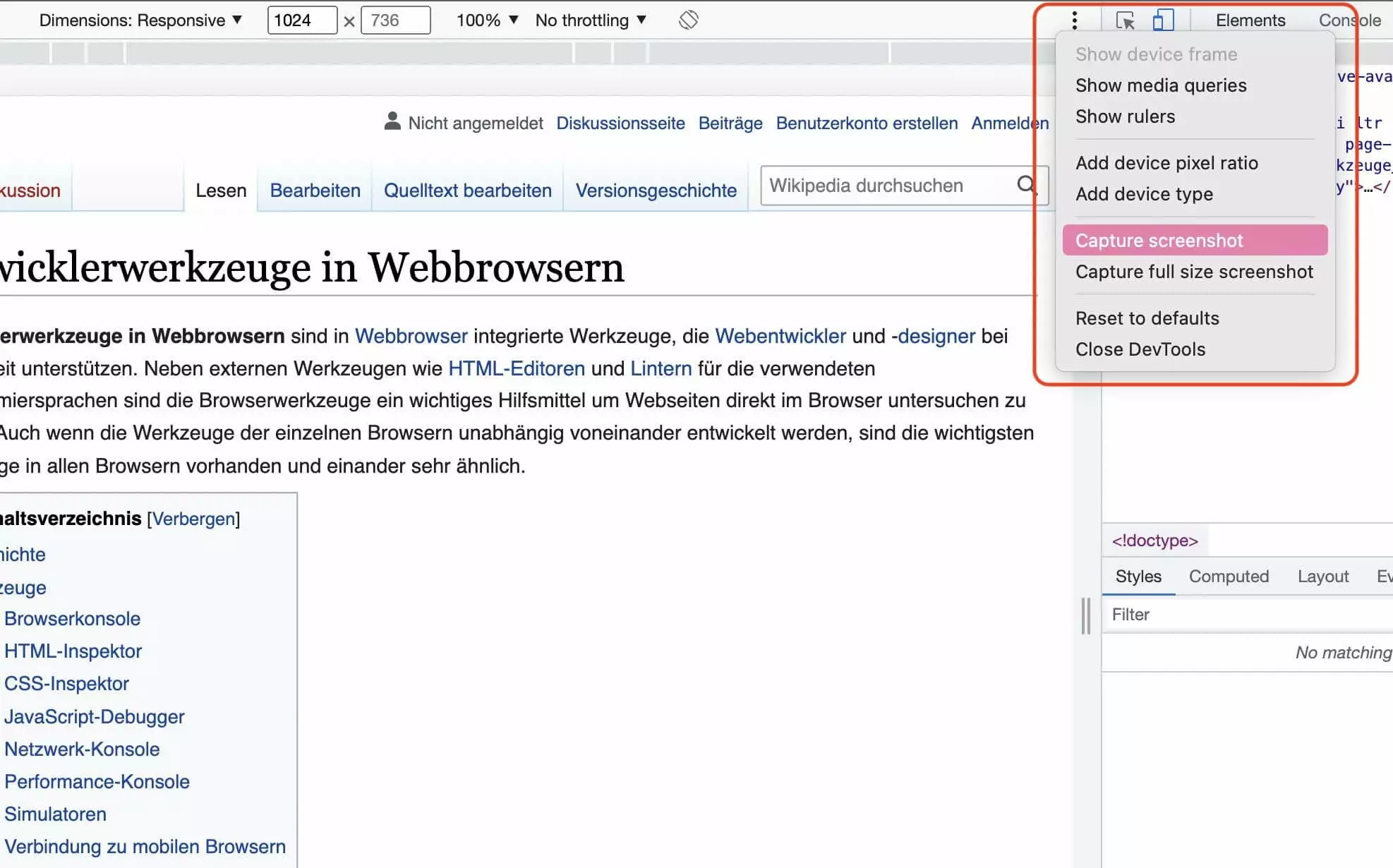 Anlegen eines Screenshots im Responsive Mode der Chrome-Entwicklertools