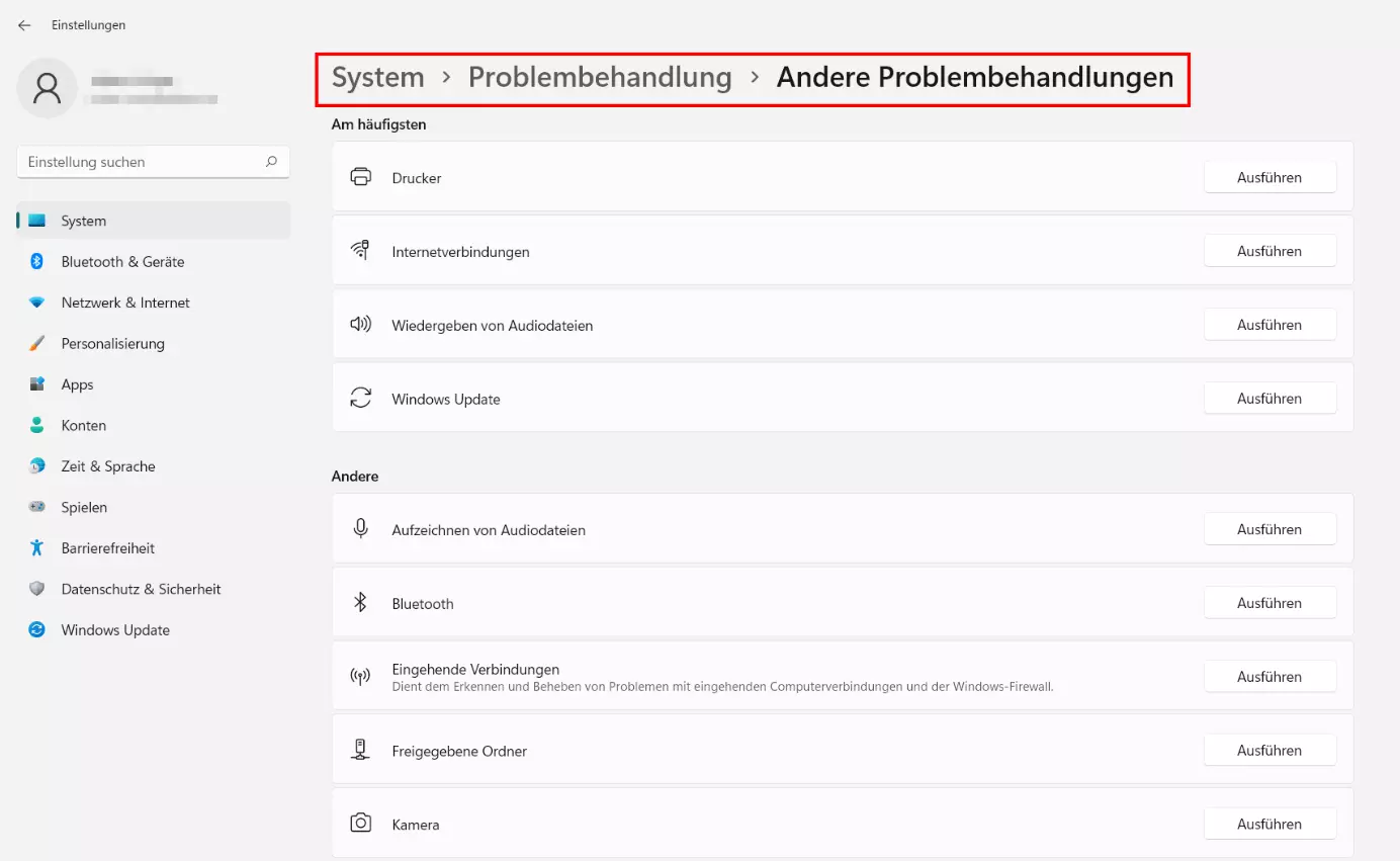 Windows 11: Menü „Andere Problembehandlungen“