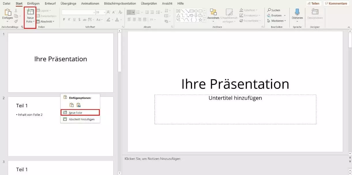 PowerPoint: Neue Folie für ein Inhaltsverzeichnis erstellen