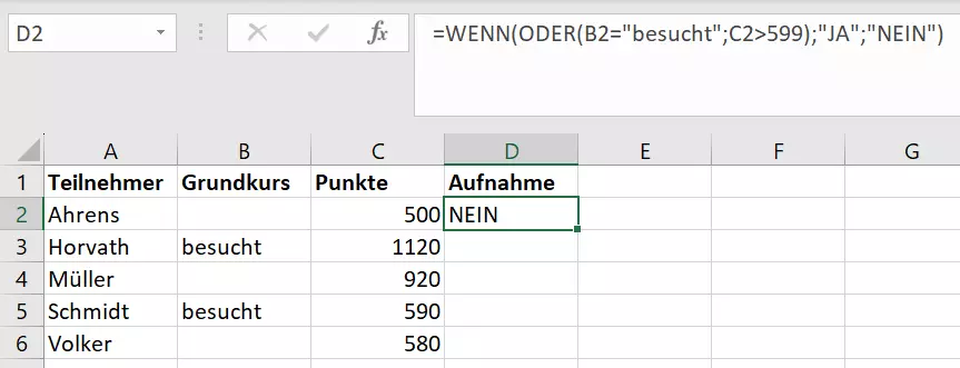 Excel-WENN-ODER: Ergebnis für eingefügte Formel