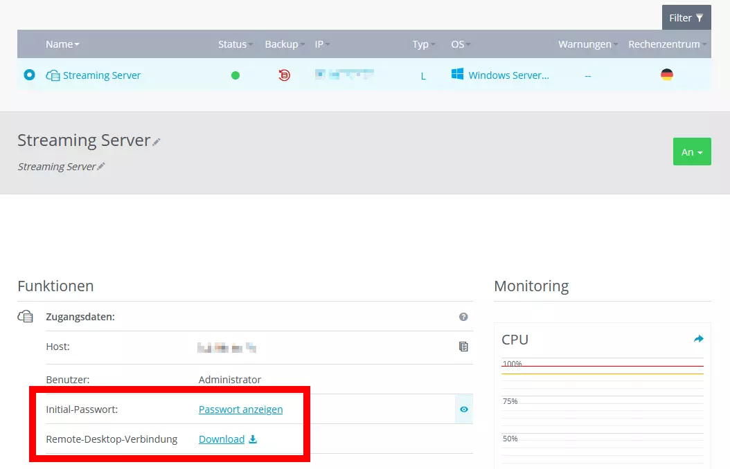 IONOS Cloud Panel mit Informationen zur Remote-Desktop-Verbindung