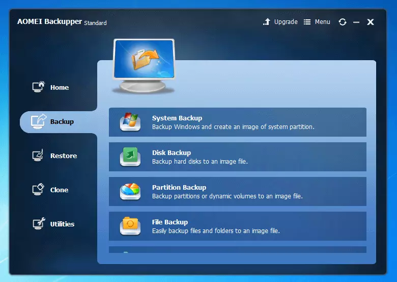 Aomei Backupper Standard 4.0.4: Menü zur Wahl der Backup-Option