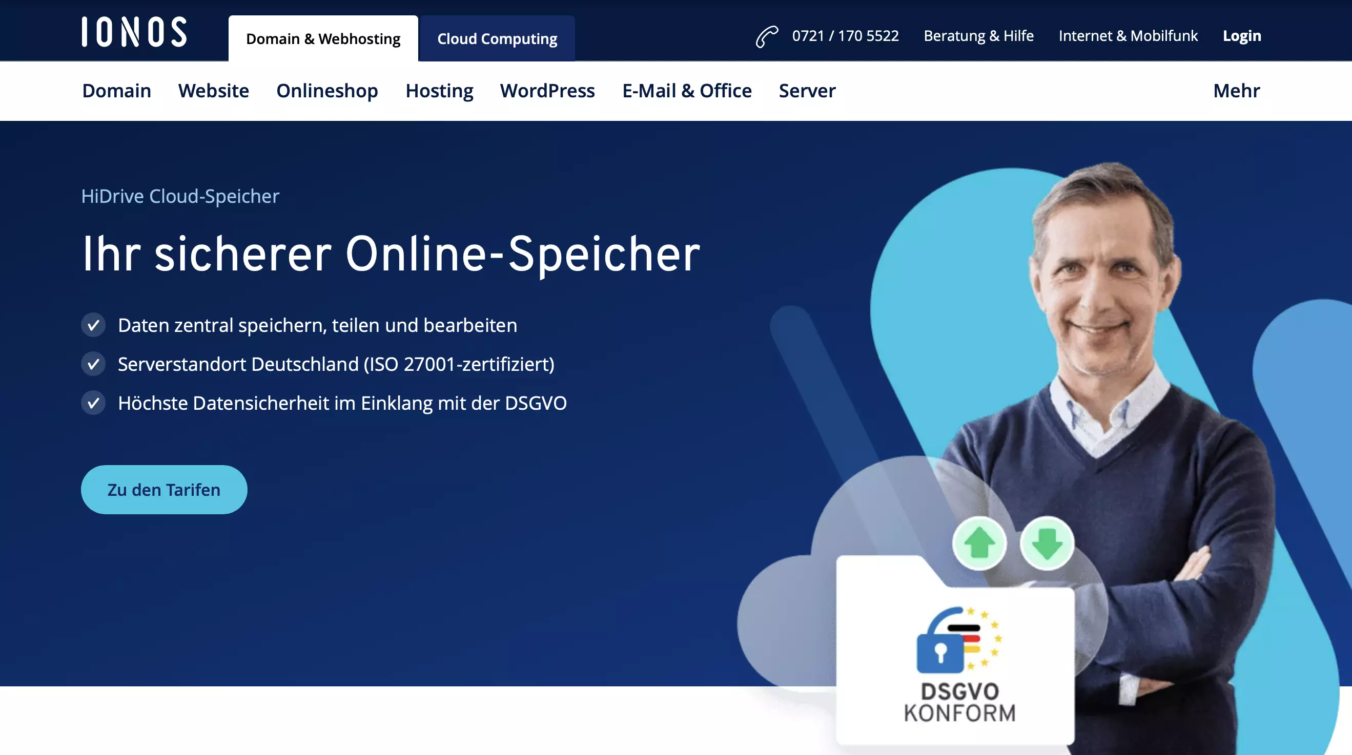 Die Homepage des HiDrive Cloud-Speichers von IONOS