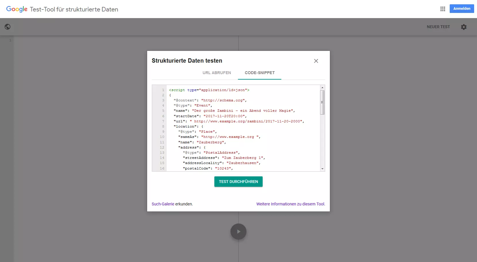 JSON-LD-Code im Google Structured Data Testing Tool