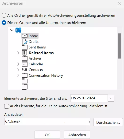 Microsoft Outlook: Dialogfenster „Archivieren“