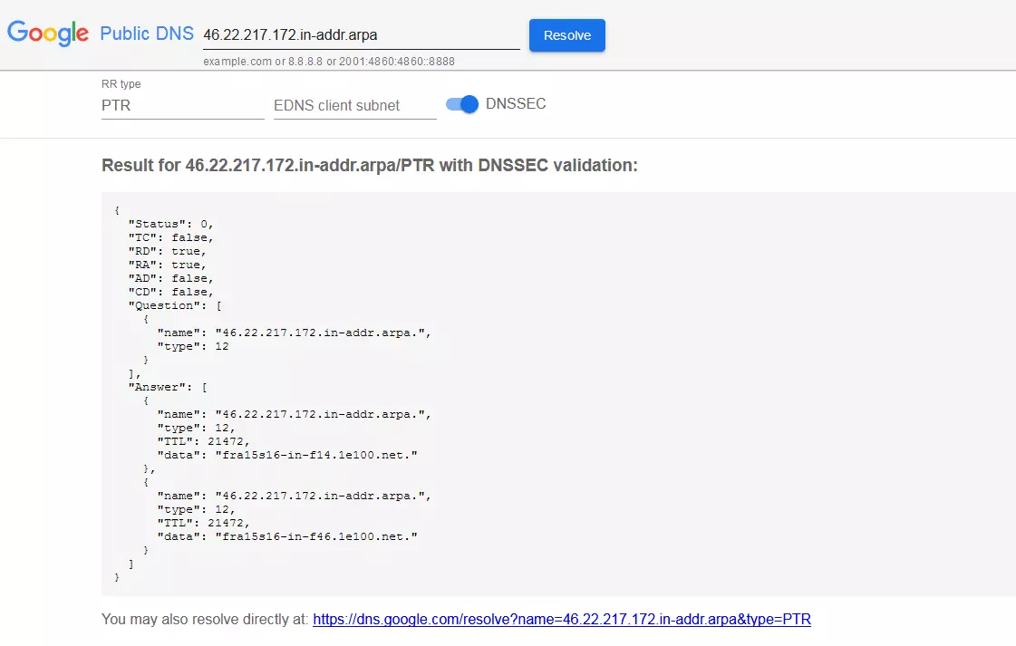 PTR-Record-Check bei Google Public DNS