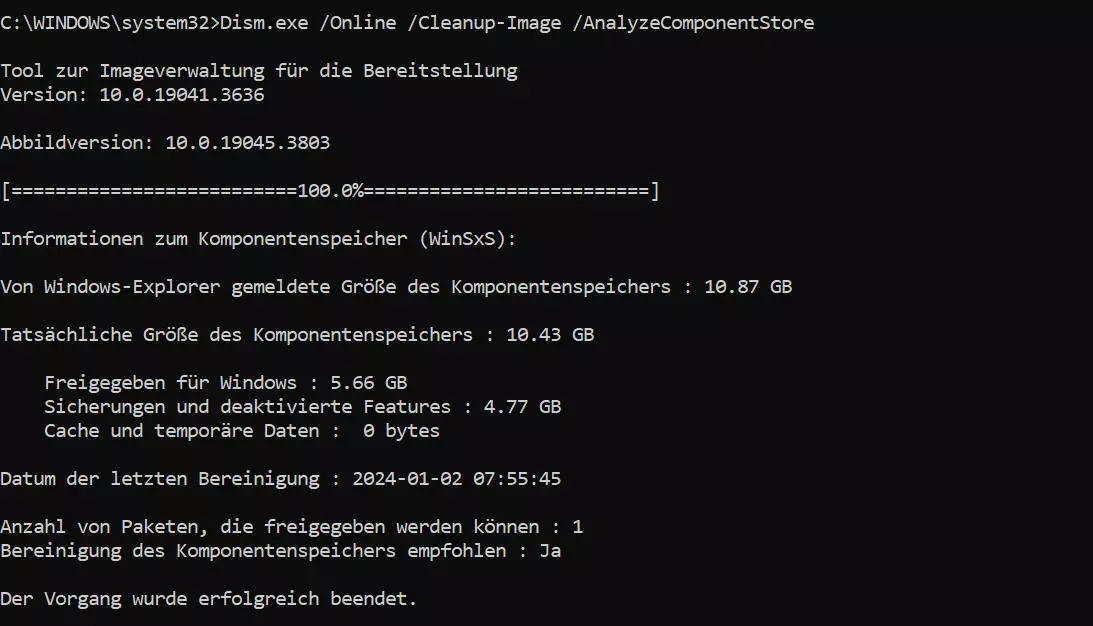 DISM-Analyse des WinSxS-Ordners in Windows 10