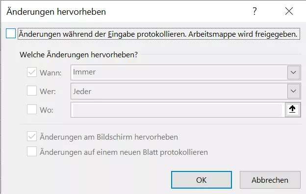 Excel-Dialog „Änderungen hervorheben“