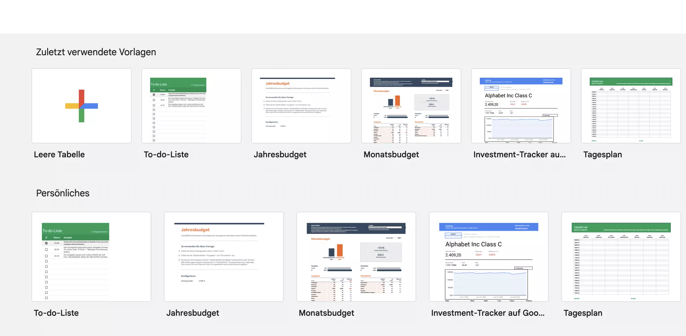 Screenshot der Vorlagengalerie von Google Sheets