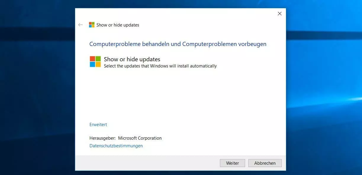 Startbildschirm des Microsoft-Tools wushowhide.diagcab