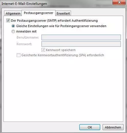 Postausgangsserver-Einstellungen in Outlook 2013