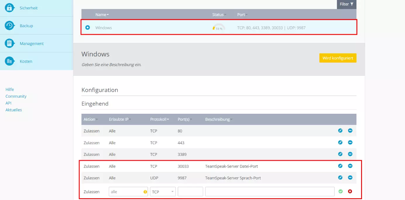 Port-Freigabe im IONOS Cloud Panel