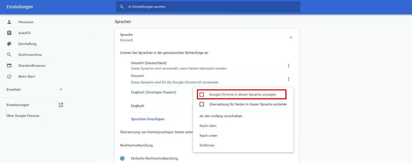 Google-Chrome: Spracheinstellungen für die Anzeigesprache
