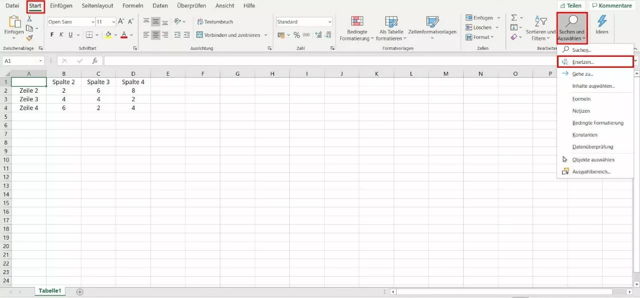 Dialogfeld in Excel mit „Suchen“ und „Ersetzen“ als Funktionen