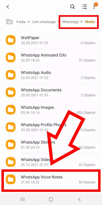 Android-Screenshot des „Media“-Ordners mit Fokus auf dem Unterordner „WhatsApp Voice Notes“