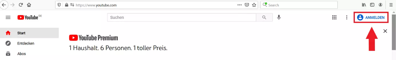 YouTube-Startseite: „Anmelden“-Schaltfläche