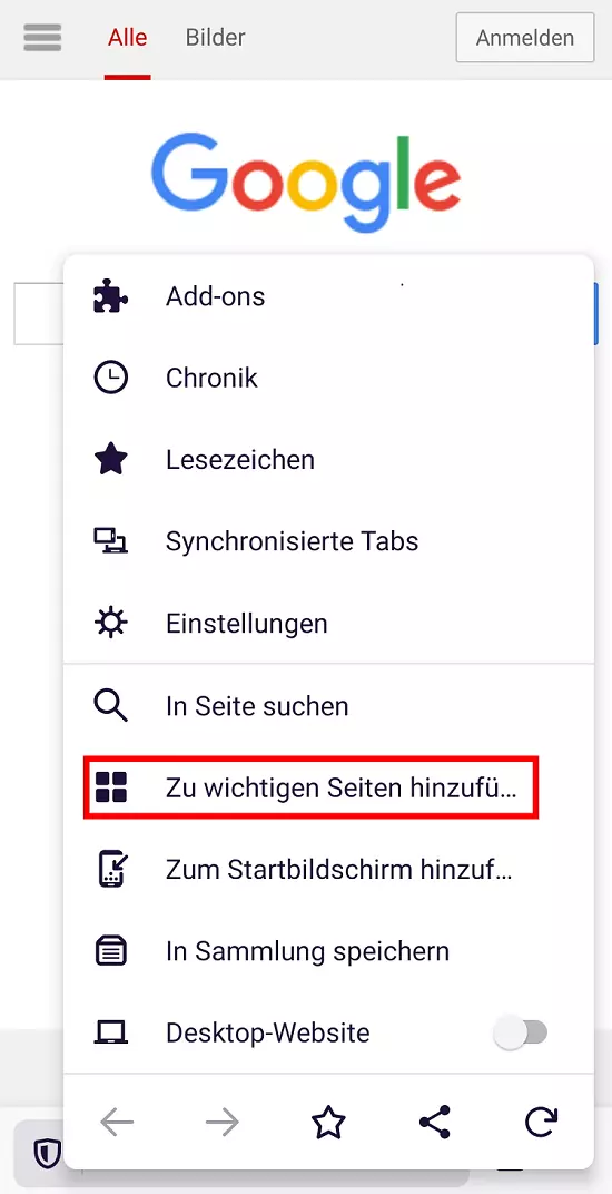 Firefox Android: Wichtige Seiten hinzufügen