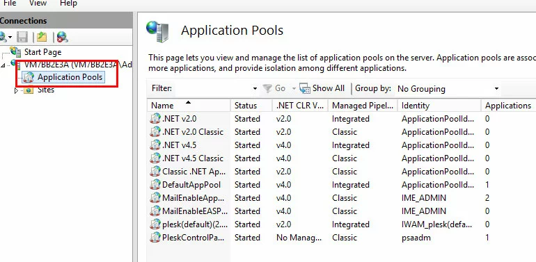 IIS-Manager: „Application Pools“ unter dem ausgewählten Server