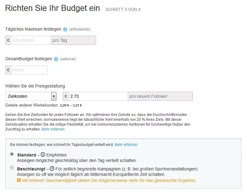 Screenshot der Option „Budget“ bei der Kampagnenerstellung mit Twitter Ads