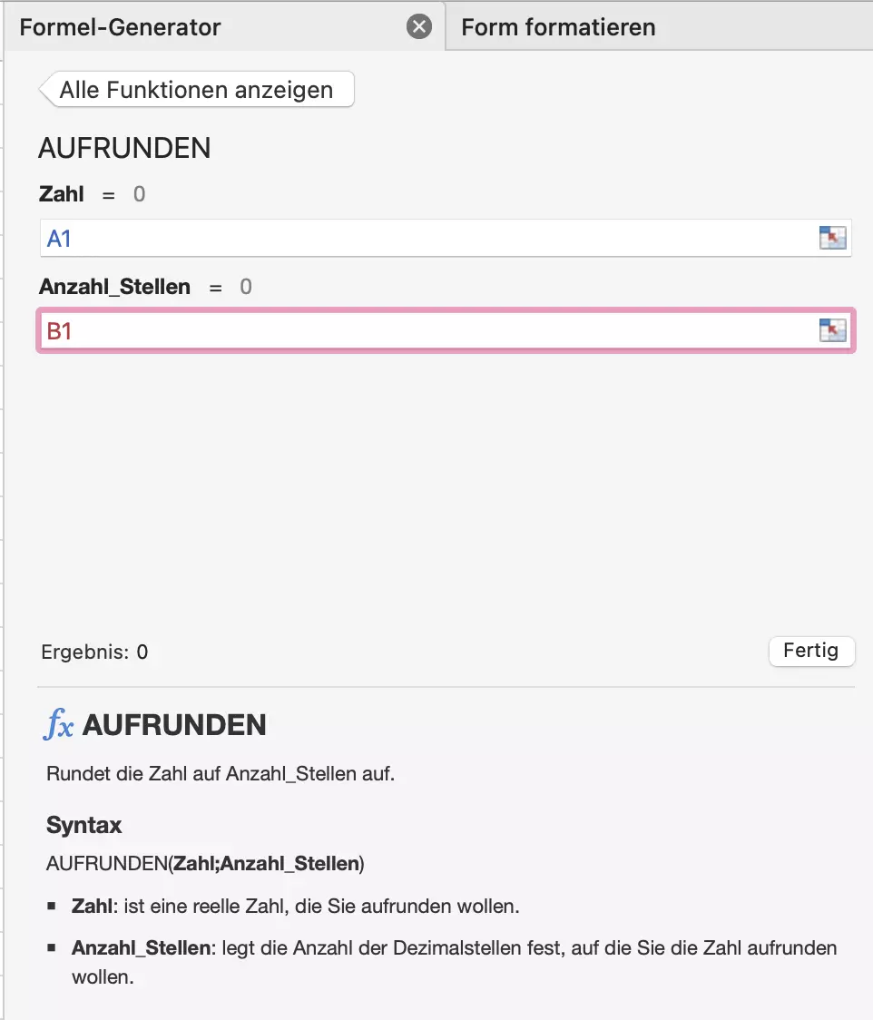 Excel: Funktion AUFRUNDEN manuell im Formelgenerator