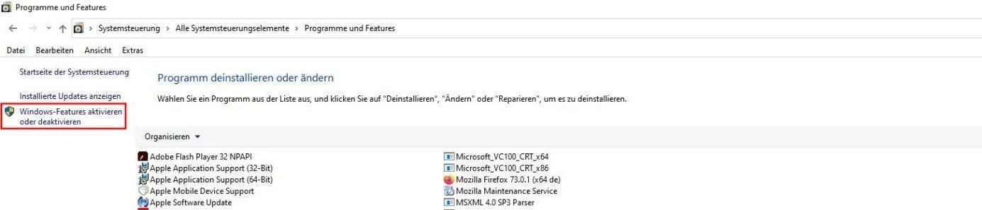 „Programme und Features“-Menü in Windows 10