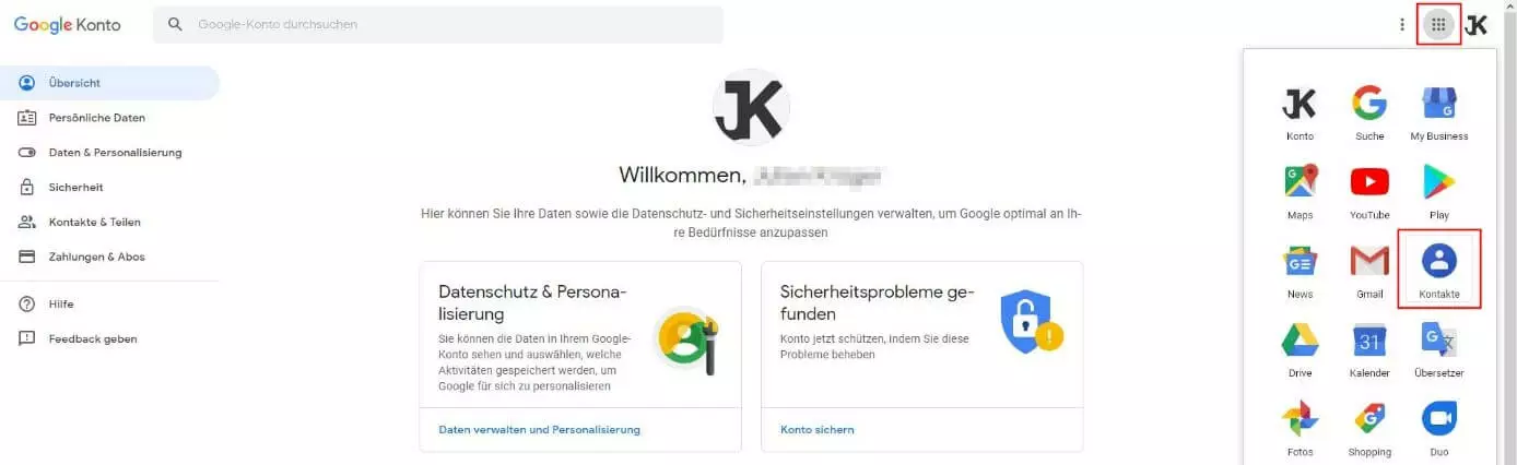 Menü „Übersicht“ im eigenen Google-Konto