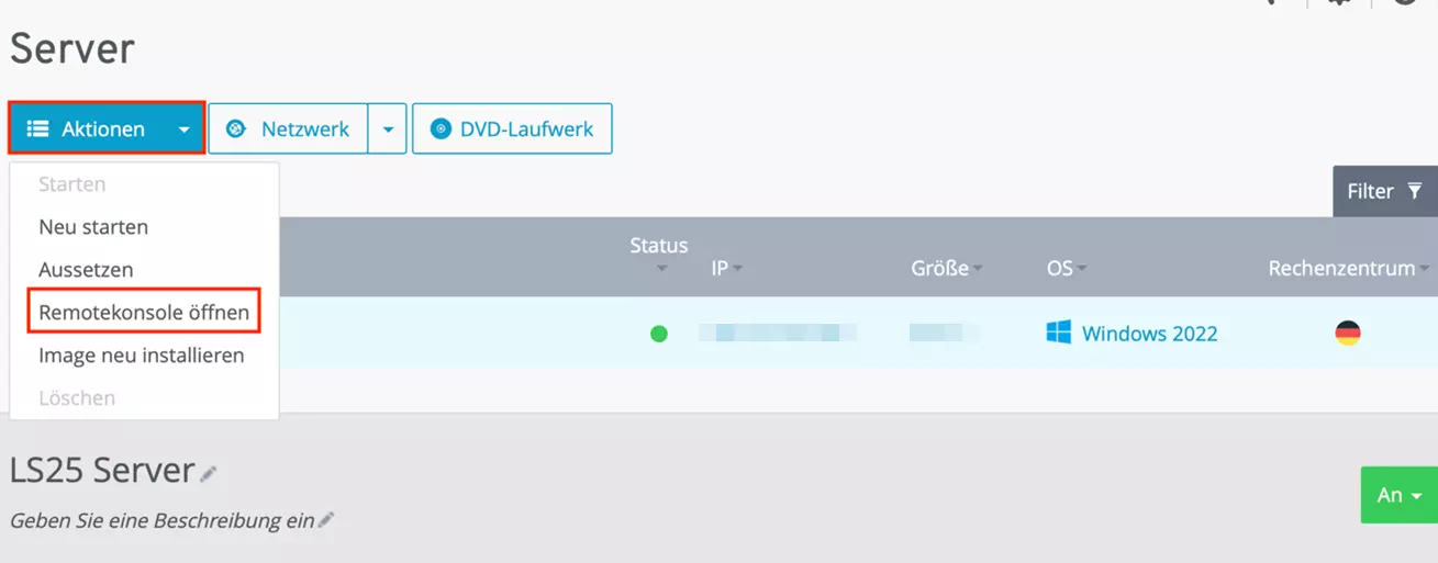 Remotekonsole öffnen im IONOS Cloud Panel