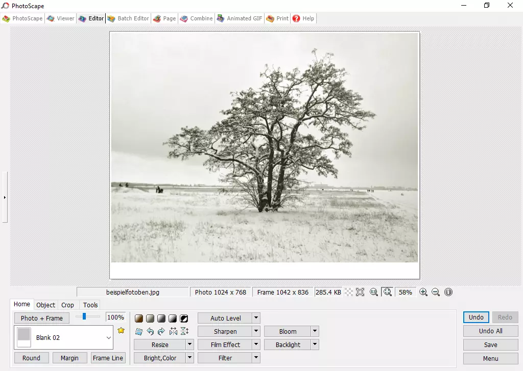 Screenshot des Editors von Photoscape