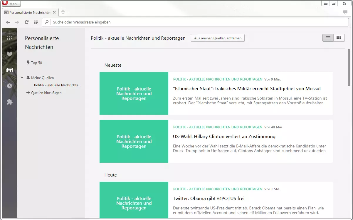 Verwaltungsmenü für RSS-Feeds bei Opera