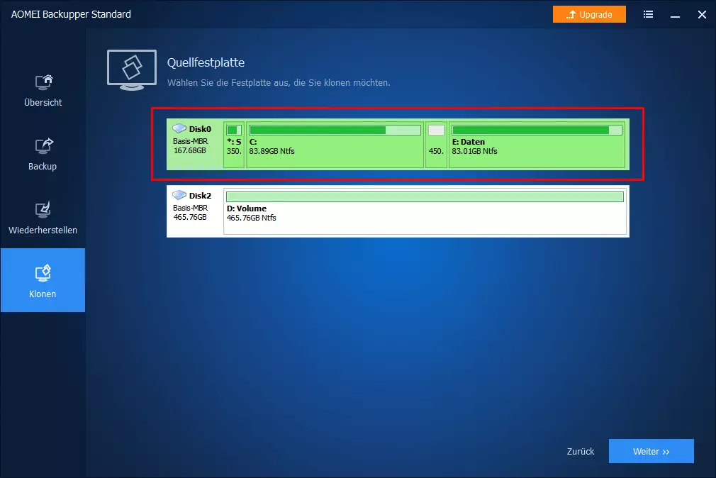 AOMEI Backupper Standard: Menü zur Auswahl der Quellfestplatte
