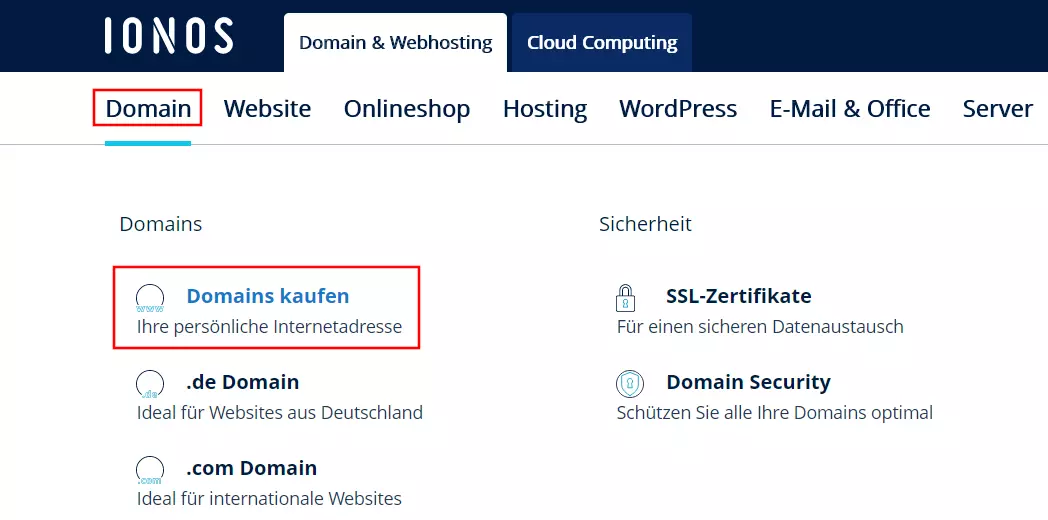 IONOS-Website: Domains kaufen