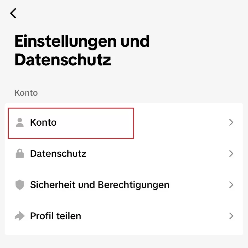 Tik-Tok-Menü „Einstellungen und Datenschutz“