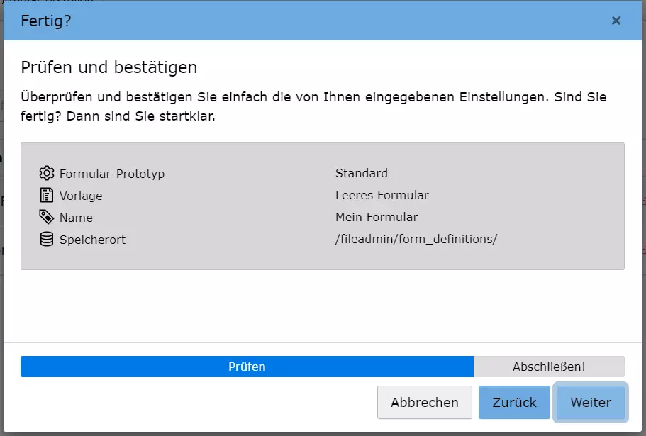 TYPO3 Form: Bestätigung der Formularkonfiguration