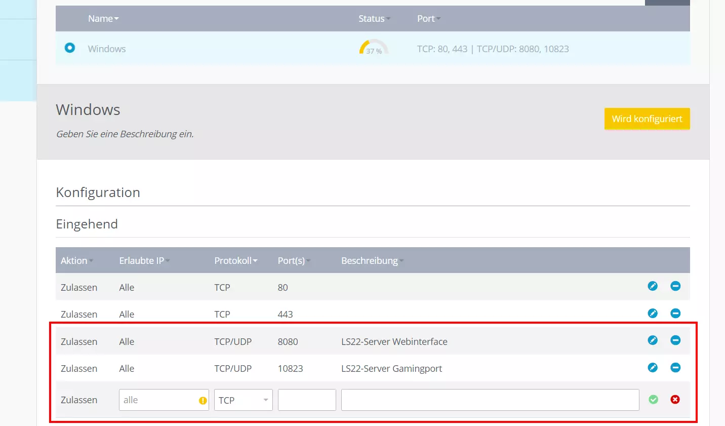 Server-Portfreigabe im IONOS Cloud Panel