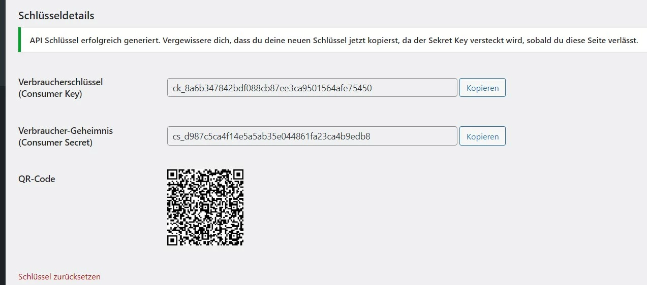 WooCommerce: Verbraucherschlüssel, -geheimnis und QR-Code