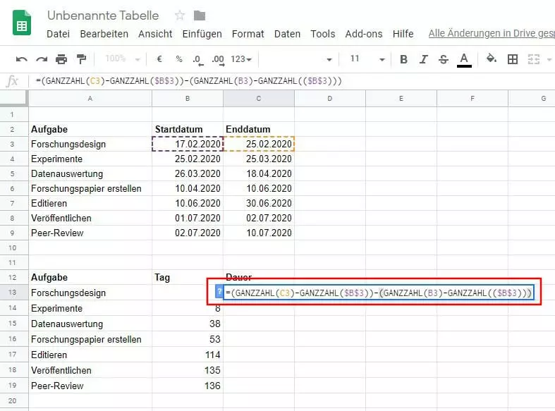 Google Tabellen: Formel für die Aufgabendauer