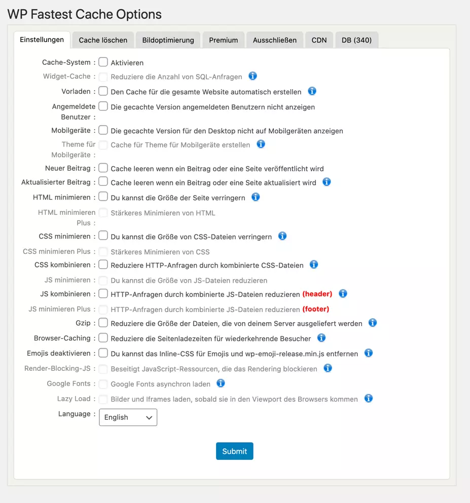 Einstellungsmaske des WordPress-Caching-Plug-in WP Fastest Cache im WordPress-Backend