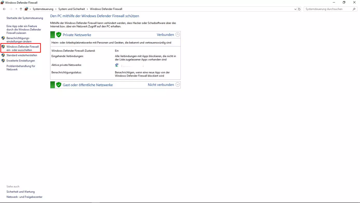 Link zum Deaktivieren der Windows-10-Firewall