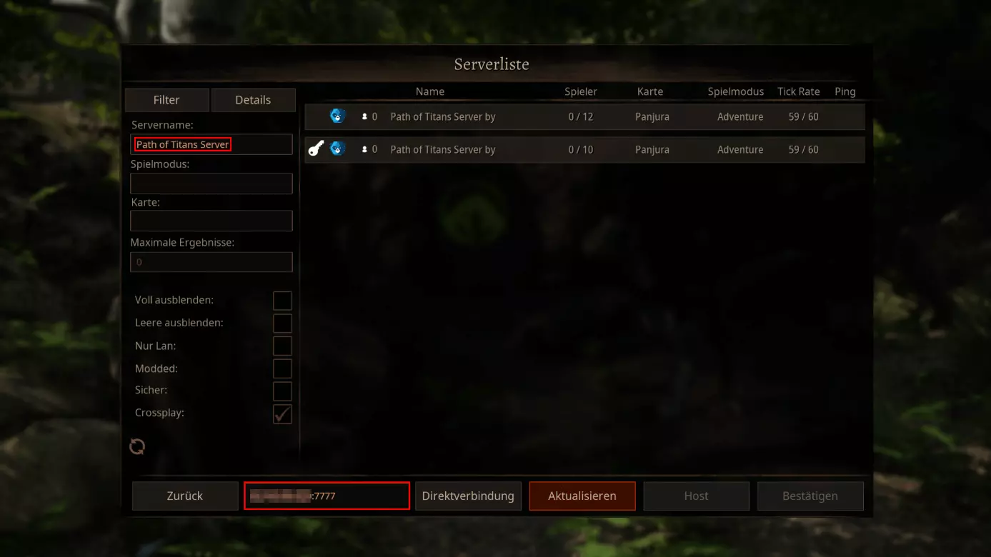 Screenshot aus Path of Titans: Server-Auswahlmenü
