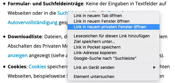 Kontextmenü eines Links