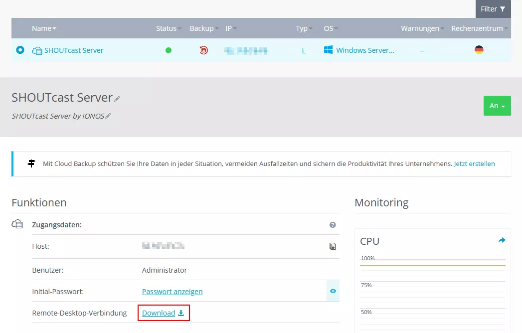 Screenshot der Serveroberfläche eines IONOS Cloud Servers